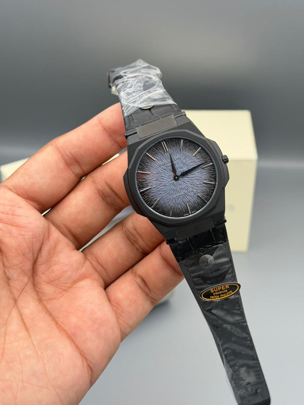 Slim mens watch with leather strup and master lock adjustment